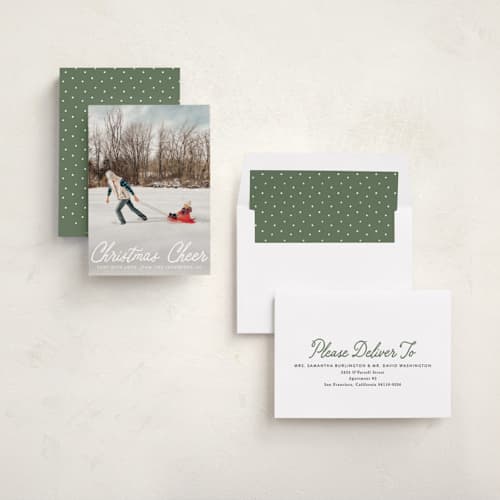 This is a snowfall photo christmas cards with standard by Karidy Walker called cheerful script printing on recycled smooth signature in standard