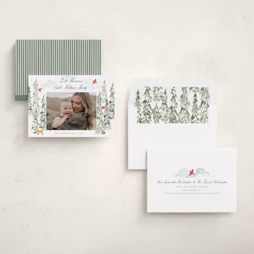 This is a forest photo christmas cards with standard by Holly Whitcomb called woodland watercolor printing on recycled smooth signature in standard