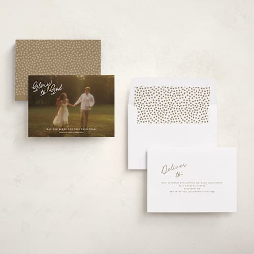 This is a cotton photo christmas cards with standard by Stacey Meacham called scripty corner printing on recycled smooth signature in standard