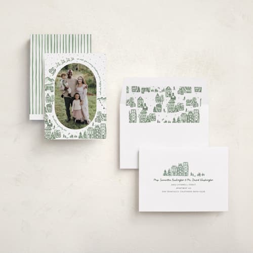 This is a wreath photo christmas cards with standard by Jenna Holcomb called azulejo village printing on recycled smooth signature in standard