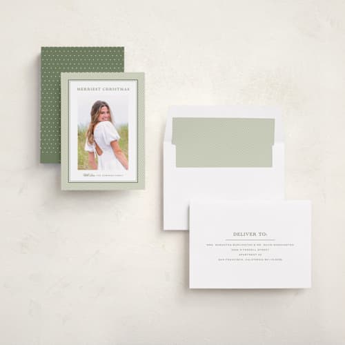 This is a pistachio photo christmas cards with standard by Carolyn MacLaren called sorbet stripes printing on recycled smooth signature in standard