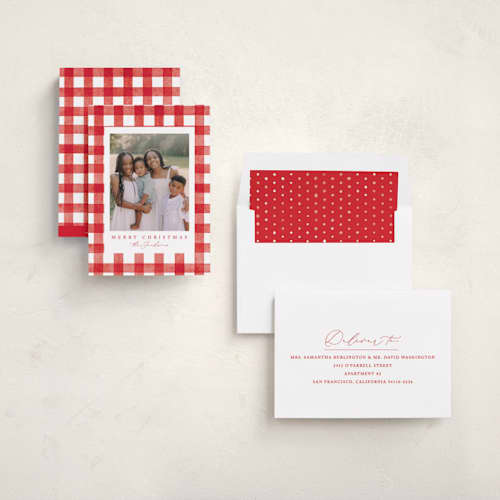 This is a santa suit photo christmas cards with standard by Brooke Chandler called merry gingham printing on recycled smooth signature in standard