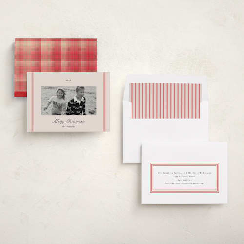This is a poinsettia photo christmas cards with standard by Olivia Kanaley Inman called ticking stripe printing on signature in standard