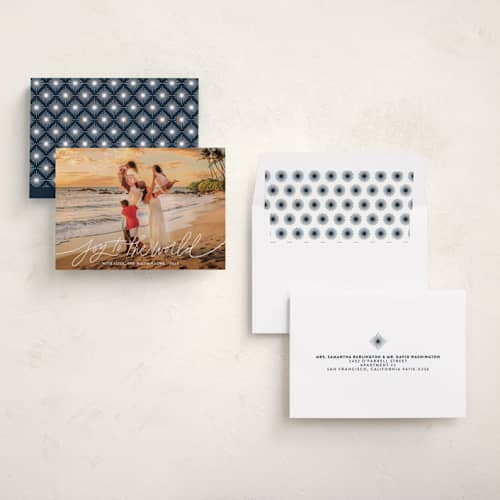 This is a midnight clear photo christmas cards with standard by Kristen Magee called joy to the world script printing on recycled smooth signature in standard