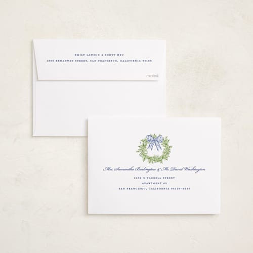 This is a bluebell photo christmas cards with standard by Sarah Knight called toile bow printing on recycled smooth signature in standard