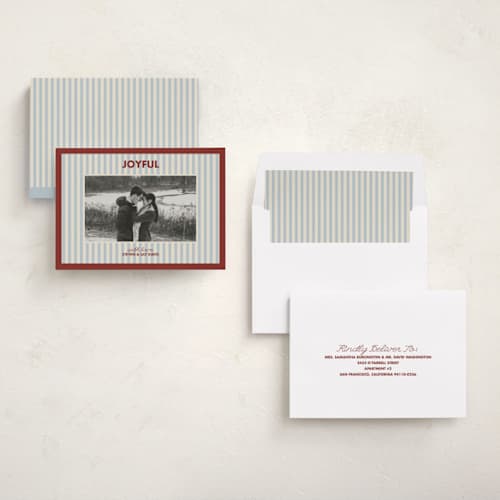 This is a holly berry photo christmas cards with standard by Kelly Watkins called classic stripes printing on recycled smooth signature in standard