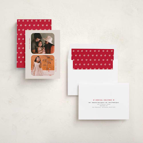 This is a cream photo christmas cards with standard by Ilene Guy called little greetings printing on recycled smooth signature in standard