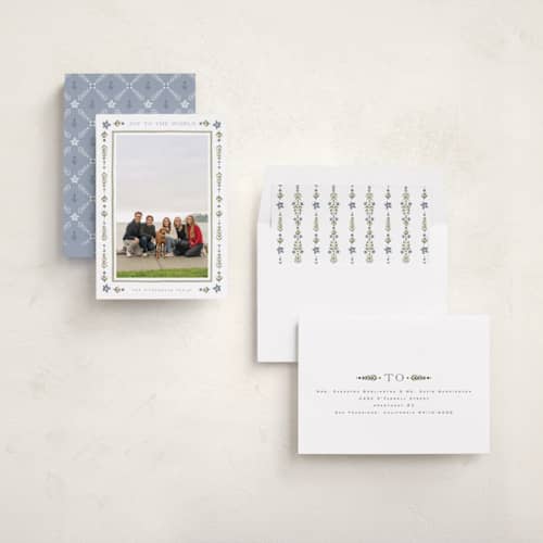 This is a juniper photo christmas cards with standard by Wildfield Paper Co called folk border printing on recycled smooth signature in standard