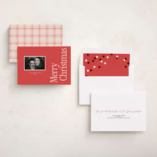 This is a poinsettia photo christmas cards with standard by Annie Clark called colorfield printing on recycled smooth signature in standard