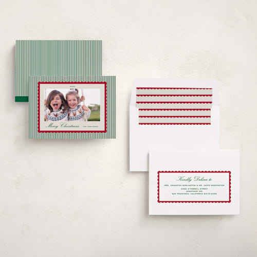 This is a holly photo christmas cards with standard by Emily Betts called stripe scallop printing on recycled smooth signature in standard