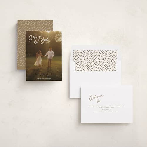 This is a cotton photo christmas cards with standard by Stacey Meacham called scripty corner printing on recycled smooth signature in standard
