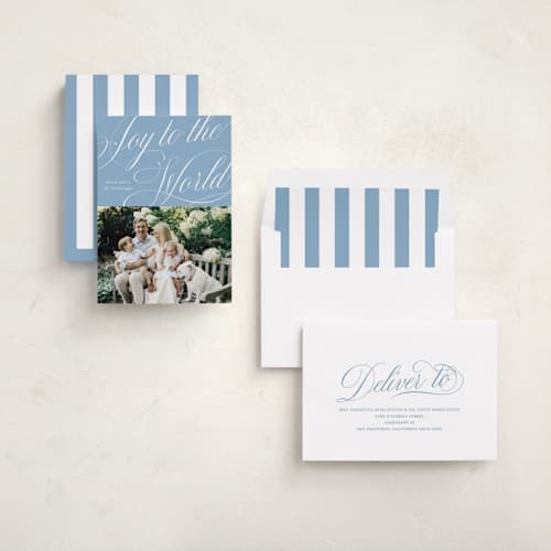 This is a blue jay photo christmas cards with standard by Sara Hicks Malone called le monde printing on recycled smooth signature in standard