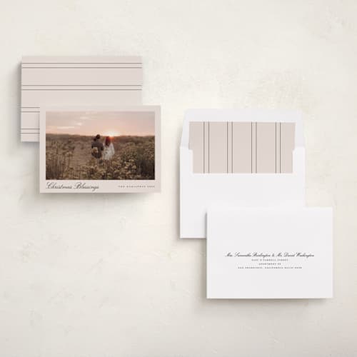 This is a tan photo christmas cards with standard by Nicole Walsh called pano script printing on recycled smooth signature in standard