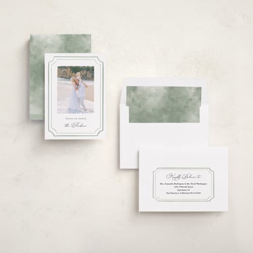 This is a juniper photo christmas cards with standard by Emily Betts called painted peace printing on recycled smooth signature in standard