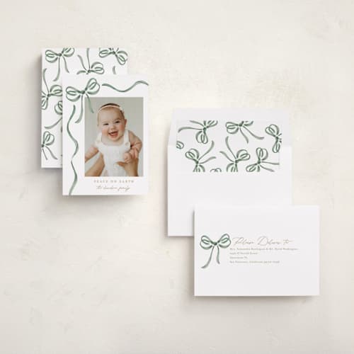 This is a forest photo christmas cards with standard by Jackie Crawford called watercolor bow printing on recycled smooth signature in standard