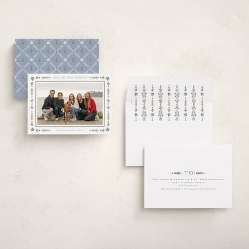 This is a juniper photo christmas cards with standard by Wildfield Paper Co called folk border printing on recycled smooth signature in standard