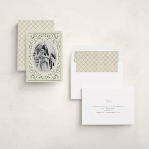 This is a evergreen photo christmas cards with standard by Sabrin Deirani called peaceful blooms in blue printing on recycled smooth signature in standard