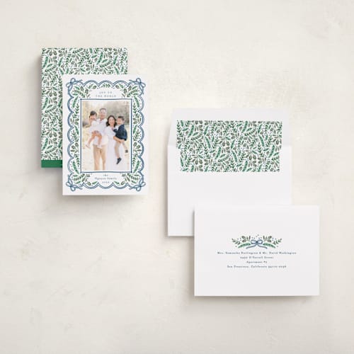 This is a navy photo christmas cards with standard by Alethea and Ruth called bow corners printing on recycled smooth signature in standard