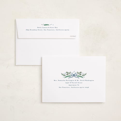 This is a navy photo christmas cards with standard by Alethea and Ruth called bow corners printing on recycled smooth signature in standard