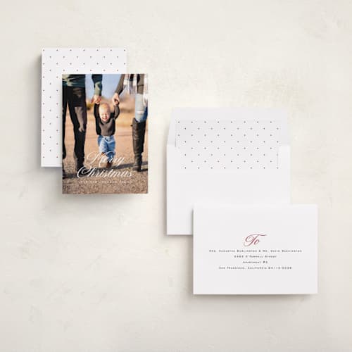 This is a snow photo christmas cards with standard by Rebecca Durflinger called christmas in script printing on recycled smooth signature in standard