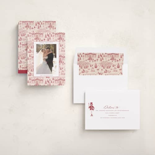 This is a berry photo christmas cards with standard by Teju Reval called nutcracker toile printing on recycled smooth signature in standard