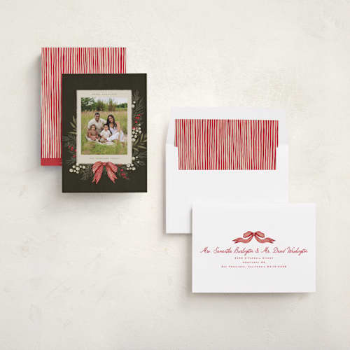 This is a holly berry photo christmas cards with standard by Wildfield Paper Co called vintage garland printing on recycled smooth signature in standard