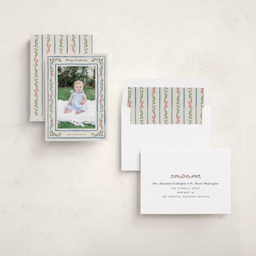 This is a porcelain photo christmas cards with standard by Chris Griffith called holiday gingham printing on recycled smooth signature in standard