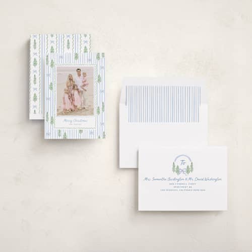 This is a blue jay photo christmas cards with standard by Creo Study called trees and bows printing on recycled smooth signature in standard