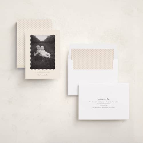 This is a chardonnay photo christmas cards with standard by Sara Hicks Malone called nostalgic blessings printing on recycled smooth signature in standard