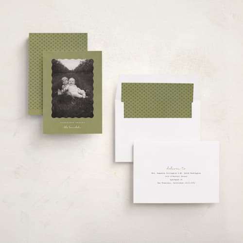 This is a sage photo christmas cards with standard by Sara Hicks Malone called nostalgic blessings printing on recycled smooth signature in standard