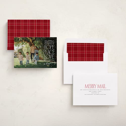 This is a snow photo christmas cards with standard by Owl and Toad called many greetings printing on recycled smooth signature in standard