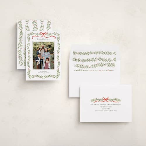 This is a candy cane photo christmas cards with standard by Paula Pecevich called holly garland and bow printing on recycled smooth signature in standard