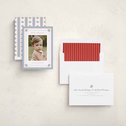 This is a powder blue photo christmas cards with standard by Wildfield Paper Co called holly berry border printing on recycled smooth signature in standard
