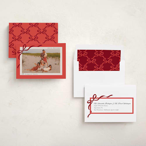 This is a crimson photo christmas cards with standard by Karidy Walker called ribbon tied printing on recycled smooth signature in standard