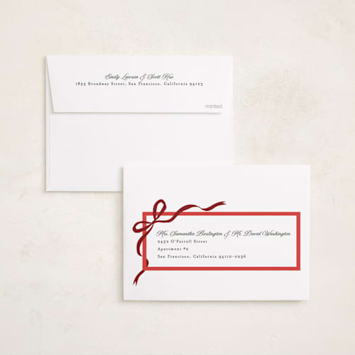 This is a crimson photo christmas cards with standard by Karidy Walker called ribbon tied printing on recycled smooth signature in standard