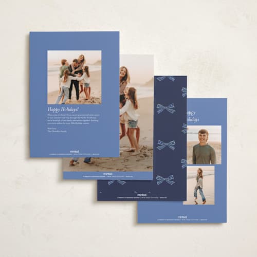 This is a navy photo christmas cards with standard by Sarah Knight called plaid ribbon printing on recycled smooth signature in standard