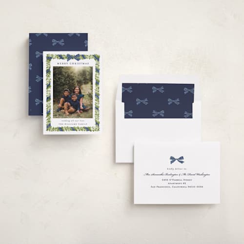 This is a navy photo christmas cards with standard by Sarah Knight called plaid ribbon printing on recycled smooth signature in standard