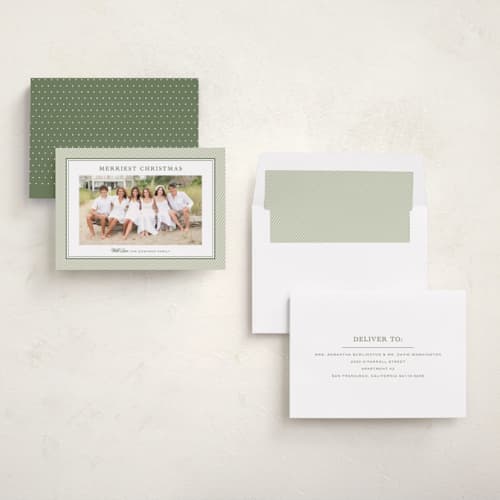 This is a pistachio photo christmas cards with standard by Carolyn MacLaren called sorbet stripes printing on recycled smooth signature in standard