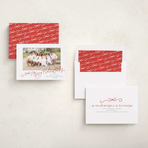 This is a holly berry photo christmas cards with standard by Susan Zinader called bow script printing on recycled smooth signature in standard