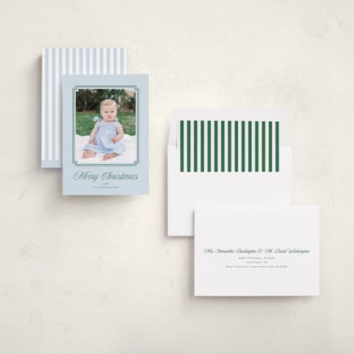 This is a powder blue photo christmas cards with standard by Carolyn MacLaren called chic frame printing on recycled smooth signature in standard