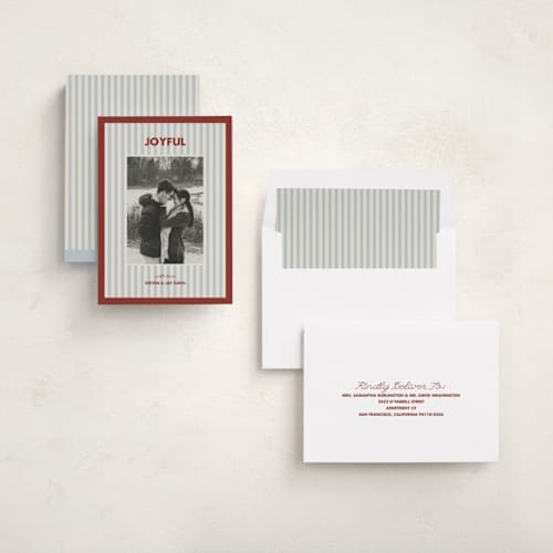 This is a holly berry photo christmas cards with standard by Kelly Watkins called classic stripes printing on recycled smooth signature in standard