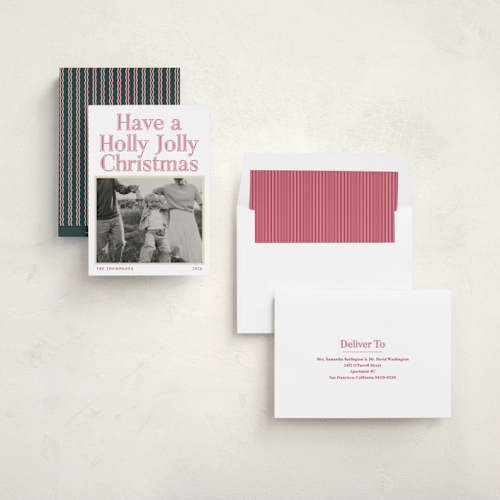 This is a peppermint photo christmas cards with standard by Robert and Stella called so holly jolly printing on recycled smooth signature in standard