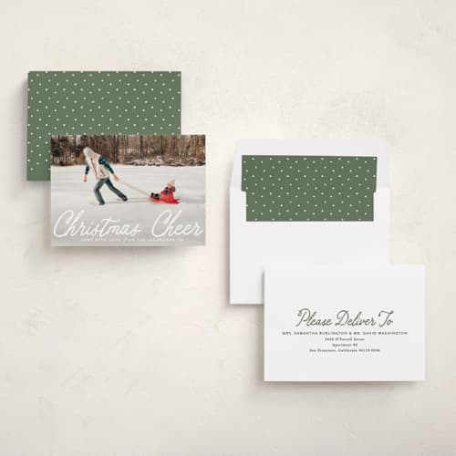 This is a snowfall photo christmas cards with standard by Karidy Walker called cheerful script printing on recycled smooth signature in standard