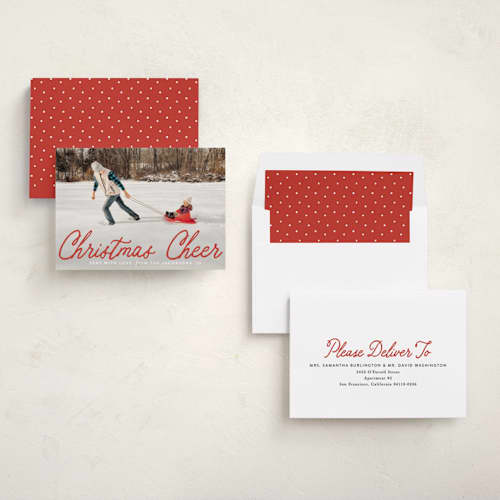 This is a crimson photo christmas cards with standard by Karidy Walker called cheerful script printing on recycled smooth signature in standard