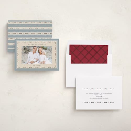 This is a wintermint photo christmas cards with standard by Robert and Stella called dainty holly printing on recycled smooth signature in standard