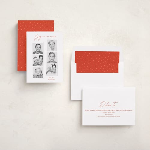 This is a ruby photo christmas cards with standard by Sarah Curry called joyful photo strips printing on recycled smooth signature in standard