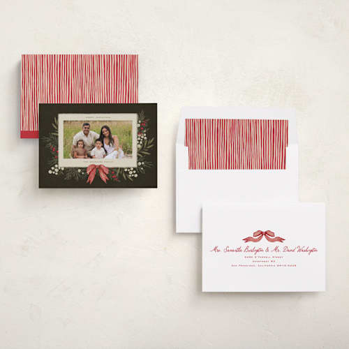 This is a holly berry photo christmas cards with standard by Wildfield Paper Co called vintage garland printing on recycled smooth signature in standard