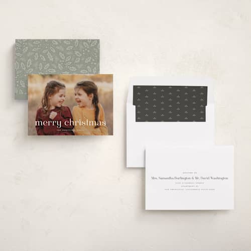 This is a blizzard photo christmas cards with standard by Wildfield Paper Co called quartz printing on recycled smooth signature in standard