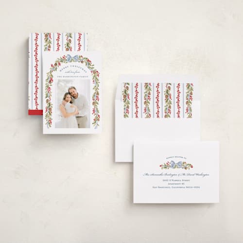 This is a powder photo christmas cards with standard by Sarah Knight called classic ribbon printing on recycled smooth signature in standard