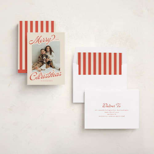 This is a peppermint photo christmas cards with standard by Ashley Iwafuchi called merry cheer printing on recycled smooth signature in standard
